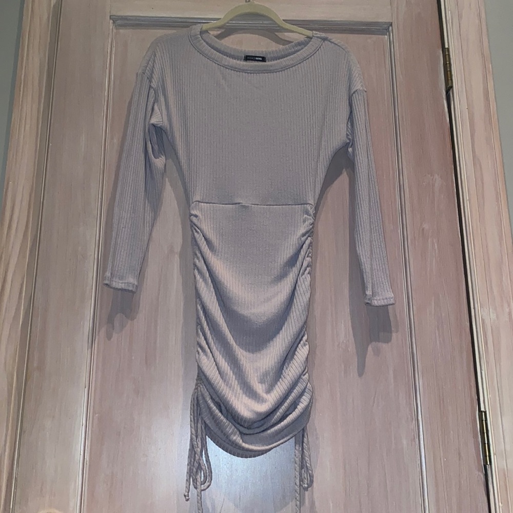 Fashion Nova Taupe Ruched Long Sleeve Dress